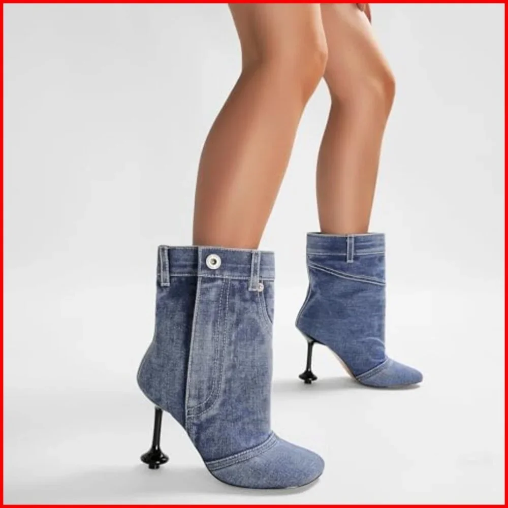 Vintage Denim Stiletto Heel Cowboy Boots with Pockets, Mid Calf - Picture 2 of 7
